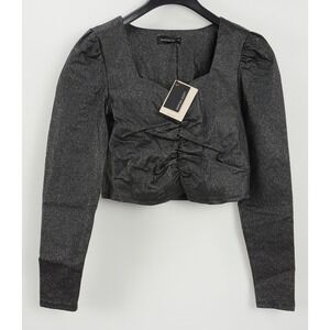 New Vanessa Scott Women's Sz M Gray Glitter Speckle Gathered Sweetheart Crop Top